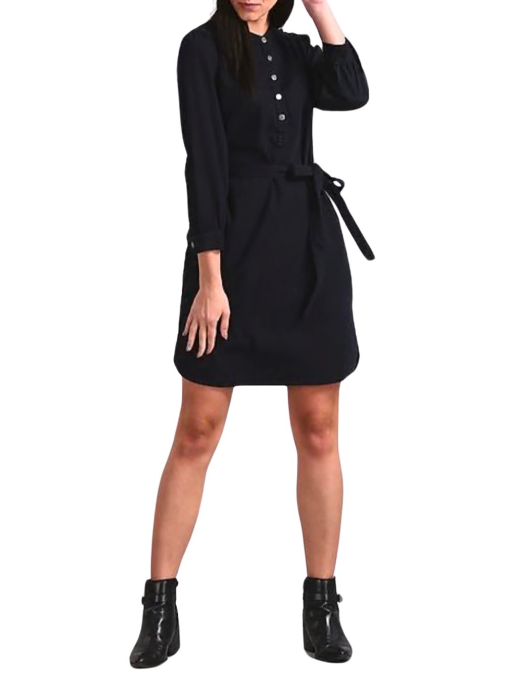 GAP Denim Popover Tie Waist Mini Long Sleeve Shirt Dress - M - Black Wash